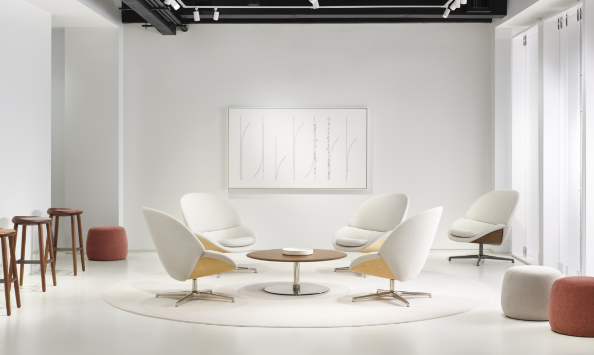 Our vision for the Bernhardt Design showroom is Lightness. The space is meant to act as a palette cleanser. A place to take a moment with the artwork and the furniture and let go of urgency.
