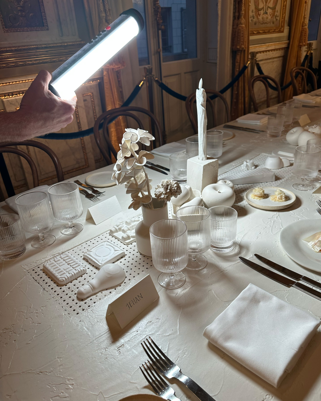 The event explored the intersections of material, memory, and place, translating Salonen's poetic design language into an immersive dining experience bridging Paris and Detroit. The theme: a meal that is all white.